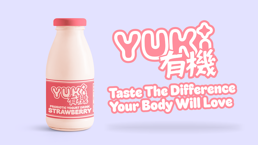A strawberry Yūki bottle beside the pink Yūki logo and the line: Taste the difference your body will love