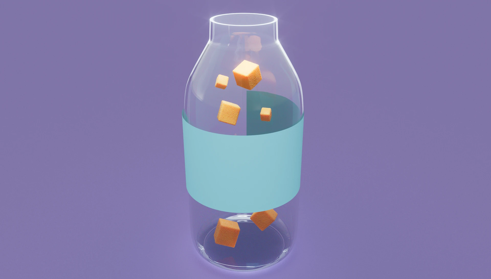 A glass bottle with a teal label band, cubes of mango tumbling through it, on lilac