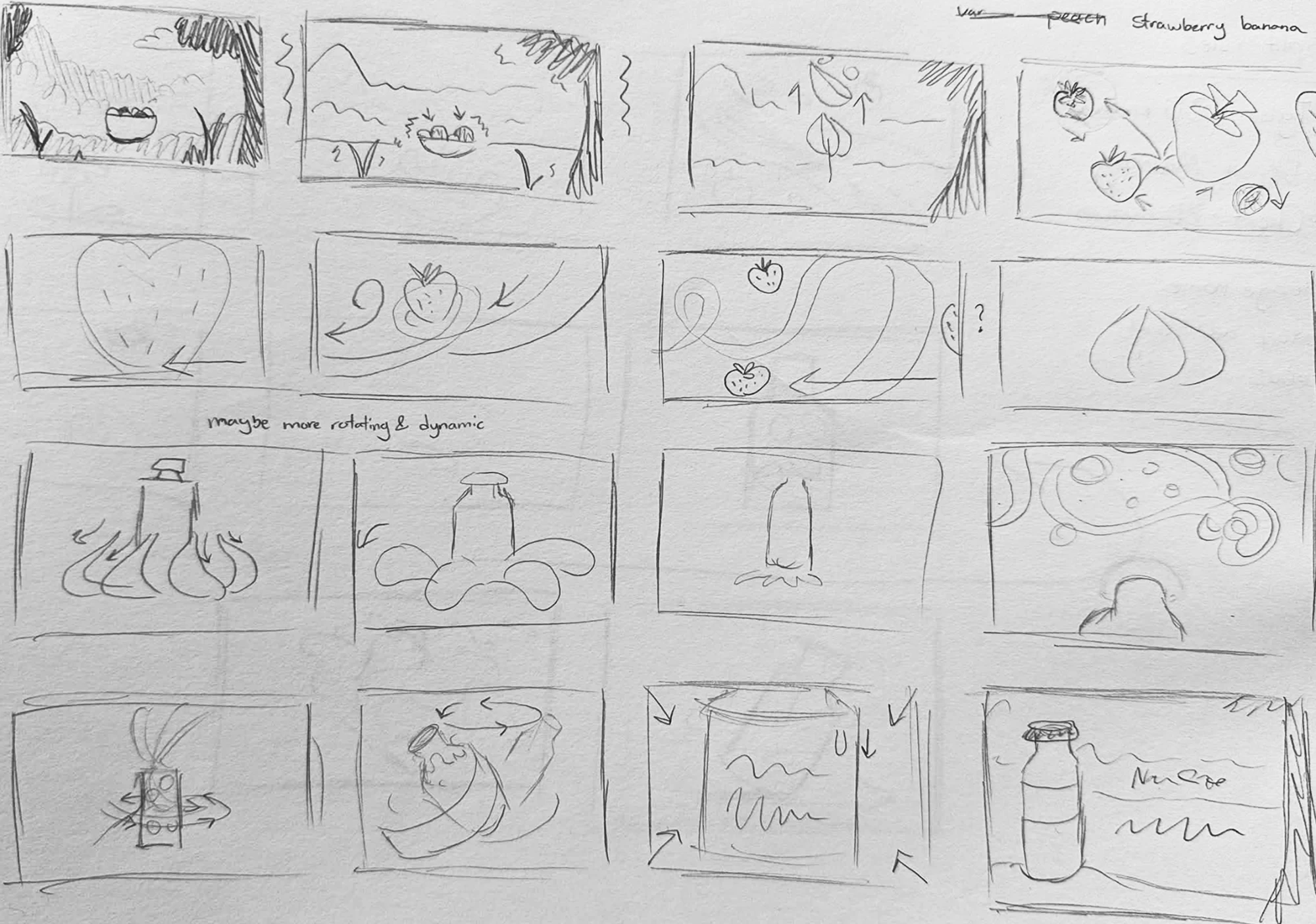 Pencil storyboard of sixteen frames: a bowl of fruit in a mountain landscape, strawberries tumbling and swirling, yogurt pouring around a bottle, and the finished bottle beside its name